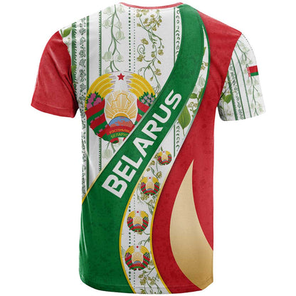 Belarus National Emblem T-Shirt with Green Red Gold Floral Folk Pattern Design Graphic Tee