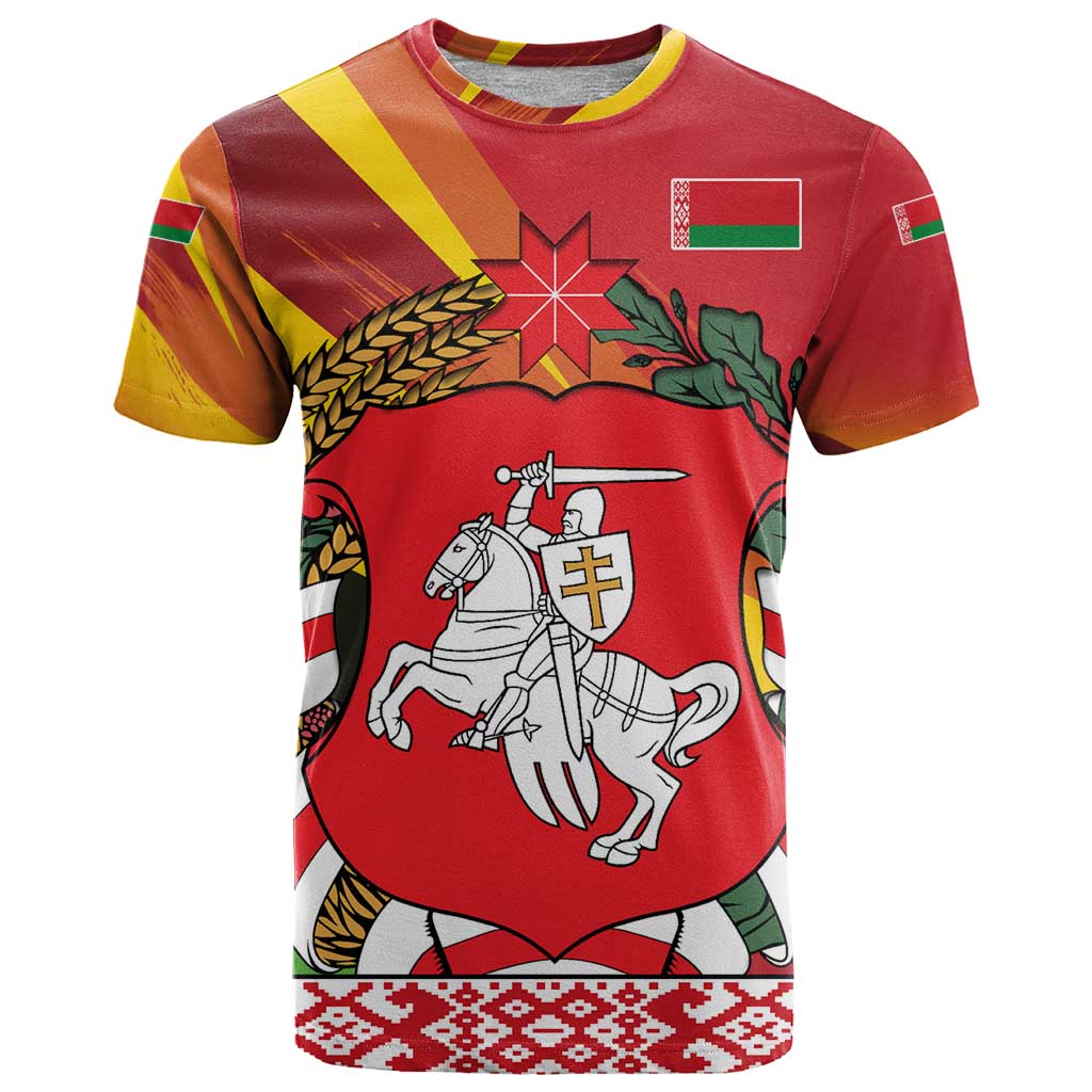 Belarus Red and Yellow National Crest T-Shirt with Pahonia Knight and Folk Motif Design Graphic Tee