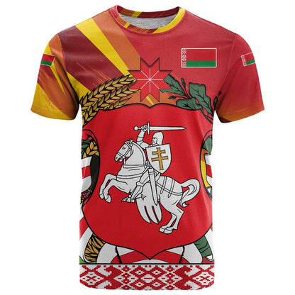 Belarus Red and Yellow National Crest T-Shirt with Pahonia Knight and Folk Motif Design Graphic Tee