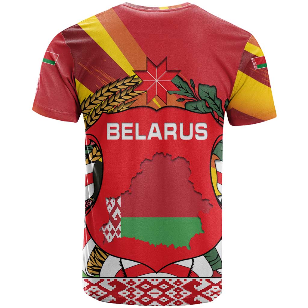 Belarus Red and Yellow National Crest T-Shirt with Pahonia Knight and Folk Motif Design Graphic Tee