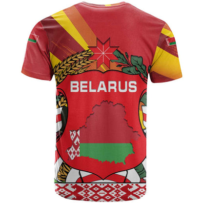 Belarus Red and Yellow National Crest T-Shirt with Pahonia Knight and Folk Motif Design Graphic Tee
