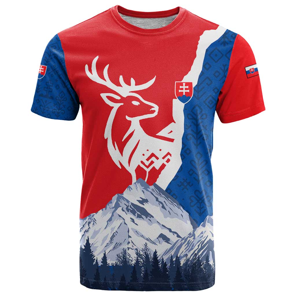 Slovakia Red Blue Deer and Mountain Design T-Shirt with National Symbols Graphic Tee