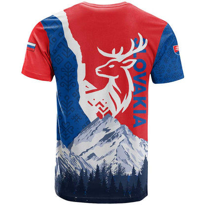 Slovakia Red Blue Deer and Mountain Design T-Shirt with National Symbols Graphic Tee