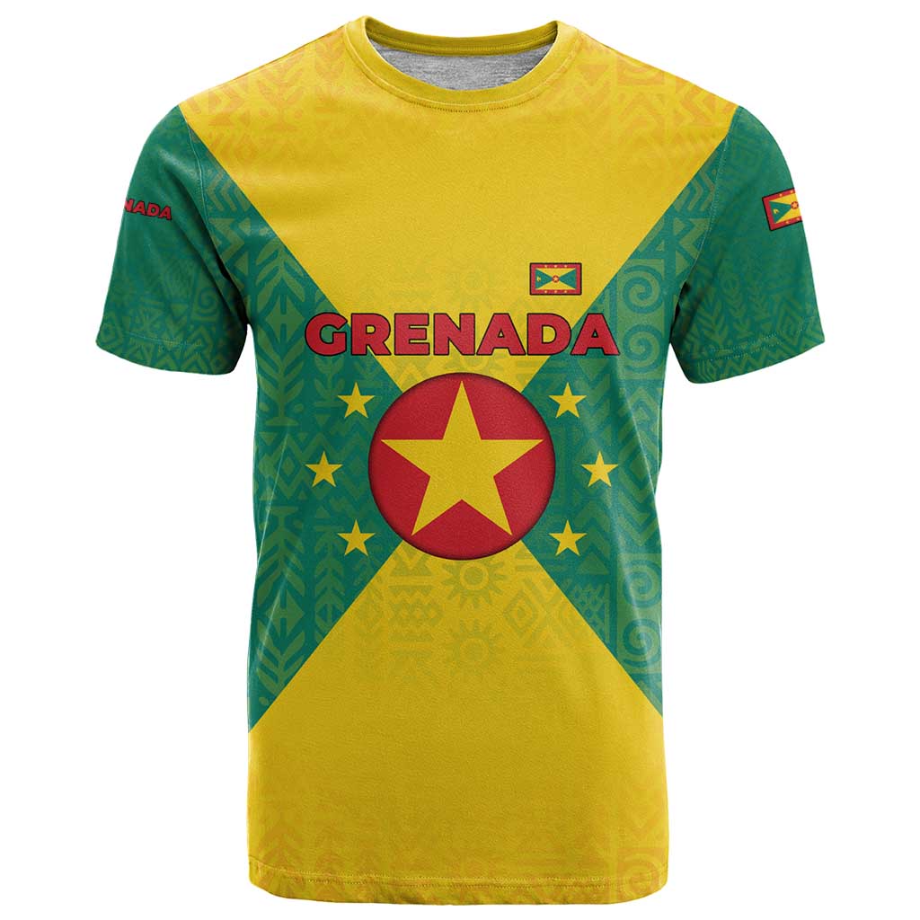 Grenada Coat of Arms T-Shirt with Yellow Green Flag Colors and Tribal Pattern Design Graphic Tee