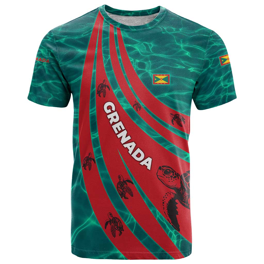 Grenada Sea Turtle T-Shirt with Red Wave Stripes and Ocean Water Background Graphic Tee