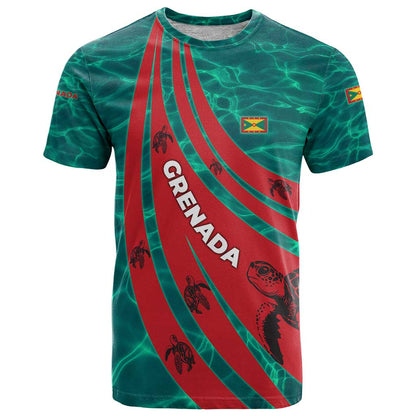 Grenada Sea Turtle T-Shirt with Red Wave Stripes and Ocean Water Background Graphic Tee