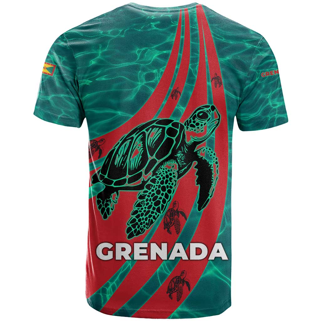 Grenada Sea Turtle T-Shirt with Red Wave Stripes and Ocean Water Background Graphic Tee