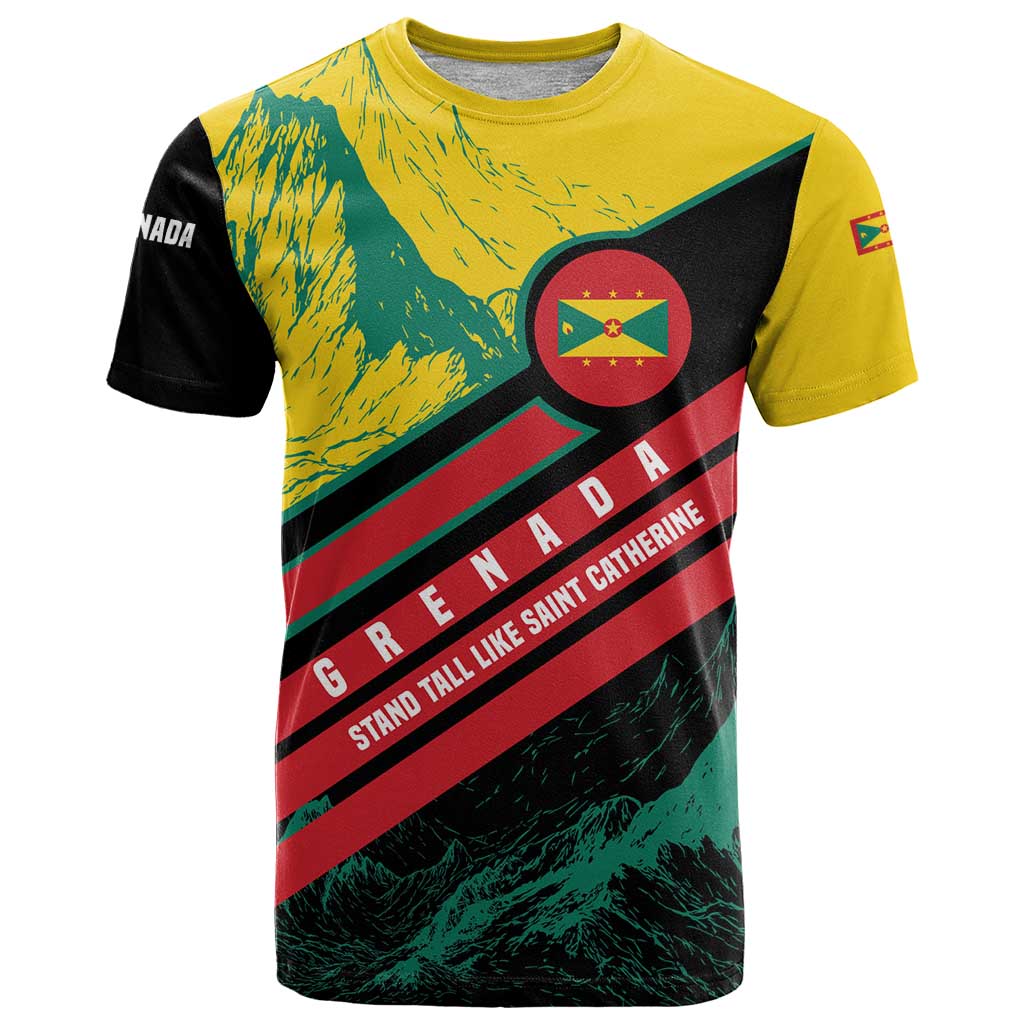 Grenada Mountain Graphic T-Shirt with National Flag and Saint Catherine Quote Design Graphic Tee