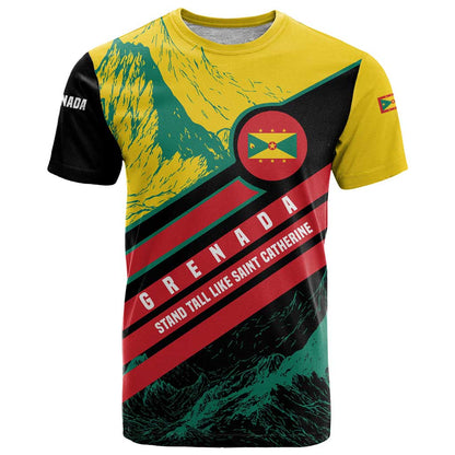 Grenada Mountain Graphic T-Shirt with National Flag and Saint Catherine Quote Design Graphic Tee