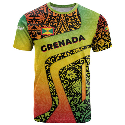 Grenada Tribal Floral Pattern T-Shirt with Rasta Gradient and Flame Motto Design Graphic Tee