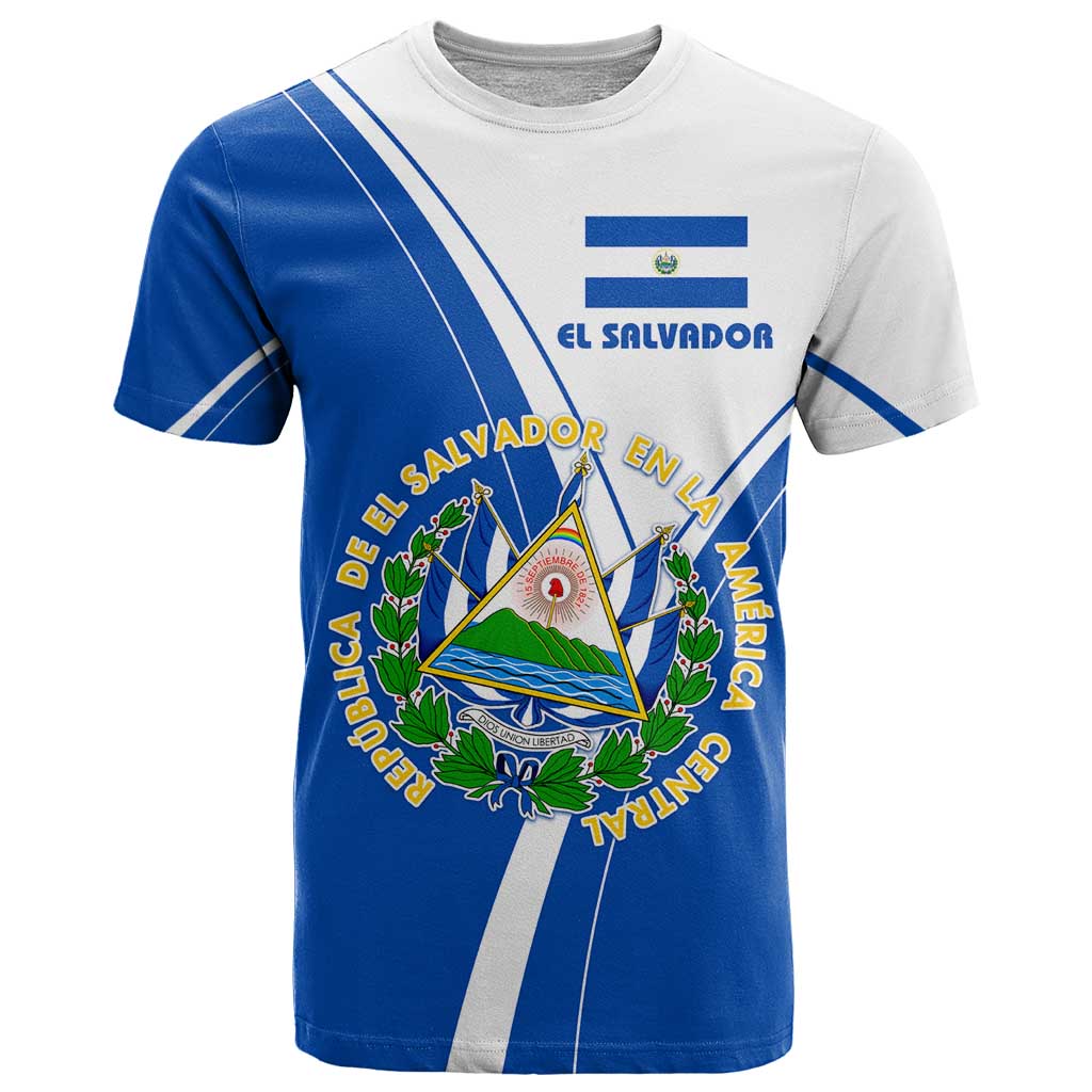 El Salvador National Flag T-Shirt with Coat of Arms and Blue White Stripes Design Graphic Tee