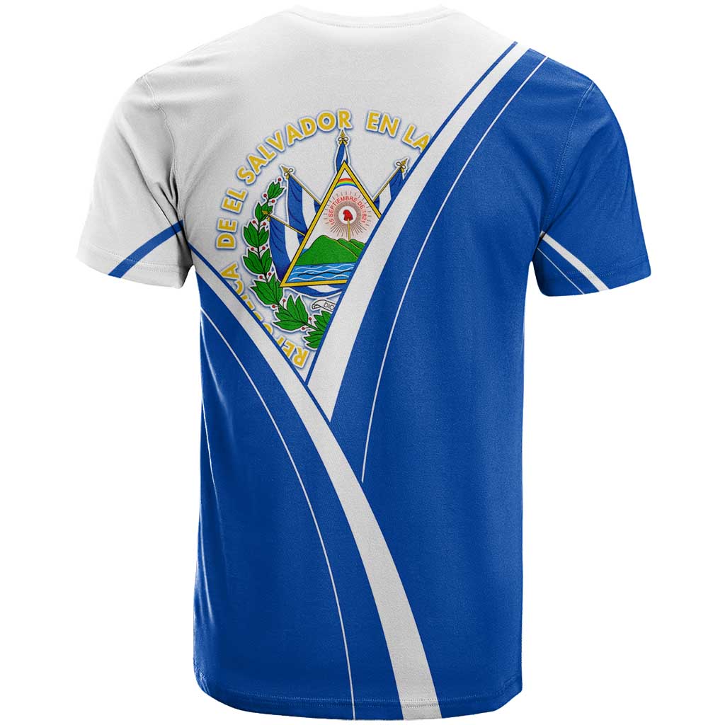 El Salvador National Flag T-Shirt with Coat of Arms and Blue White Stripes Design Graphic Tee
