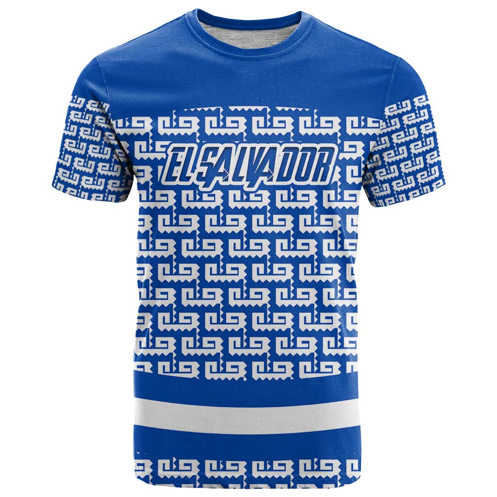 El Salvador Tribal Pattern T-Shirt with National Coat of Arms and Blue White Theme Graphic Tee