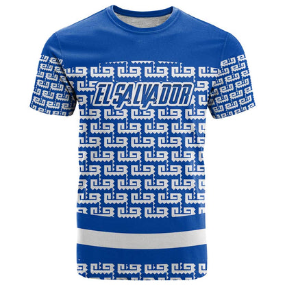 El Salvador Tribal Pattern T-Shirt with National Coat of Arms and Blue White Theme Graphic Tee
