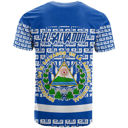 El Salvador Tribal Pattern T-Shirt with National Coat of Arms and Blue White Theme Graphic Tee