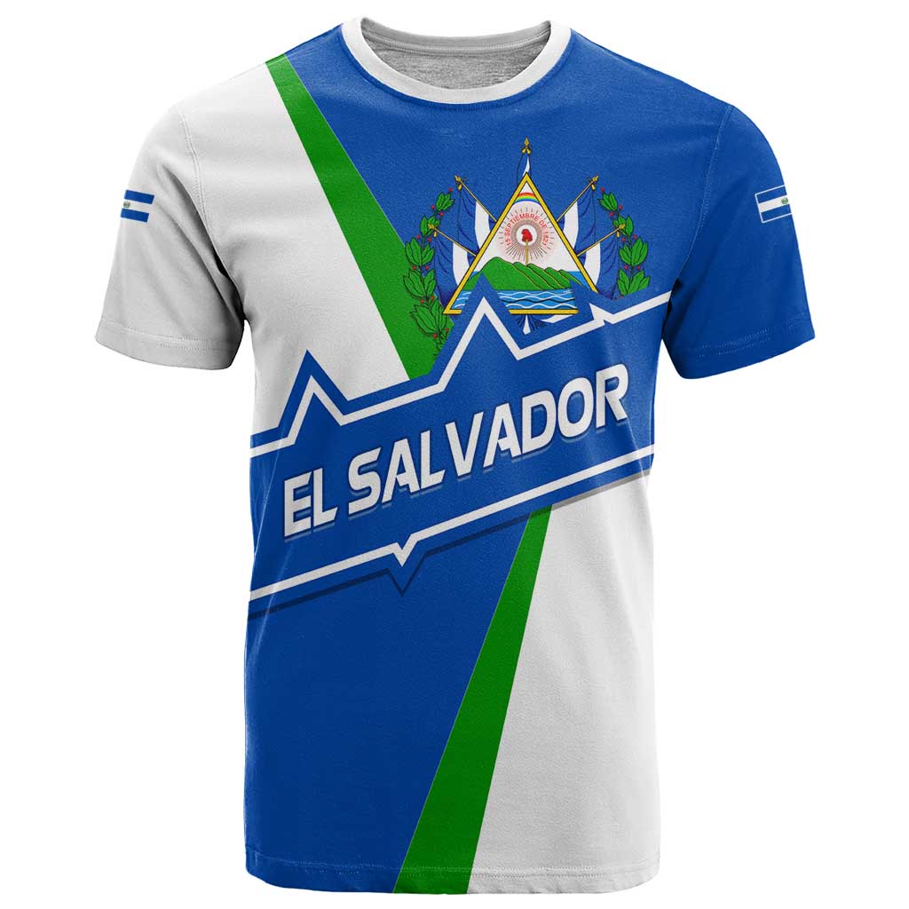 El Salvador Flag Crest T-Shirt with Blue Green Stripes and Bold Letter Design Graphic Tee