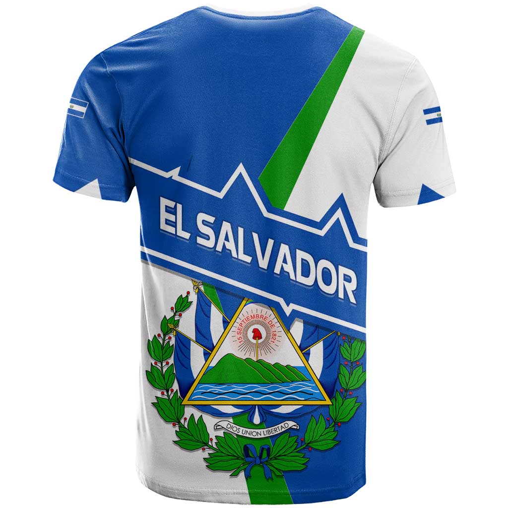 El Salvador Flag Crest T-Shirt with Blue Green Stripes and Bold Letter Design Graphic Tee