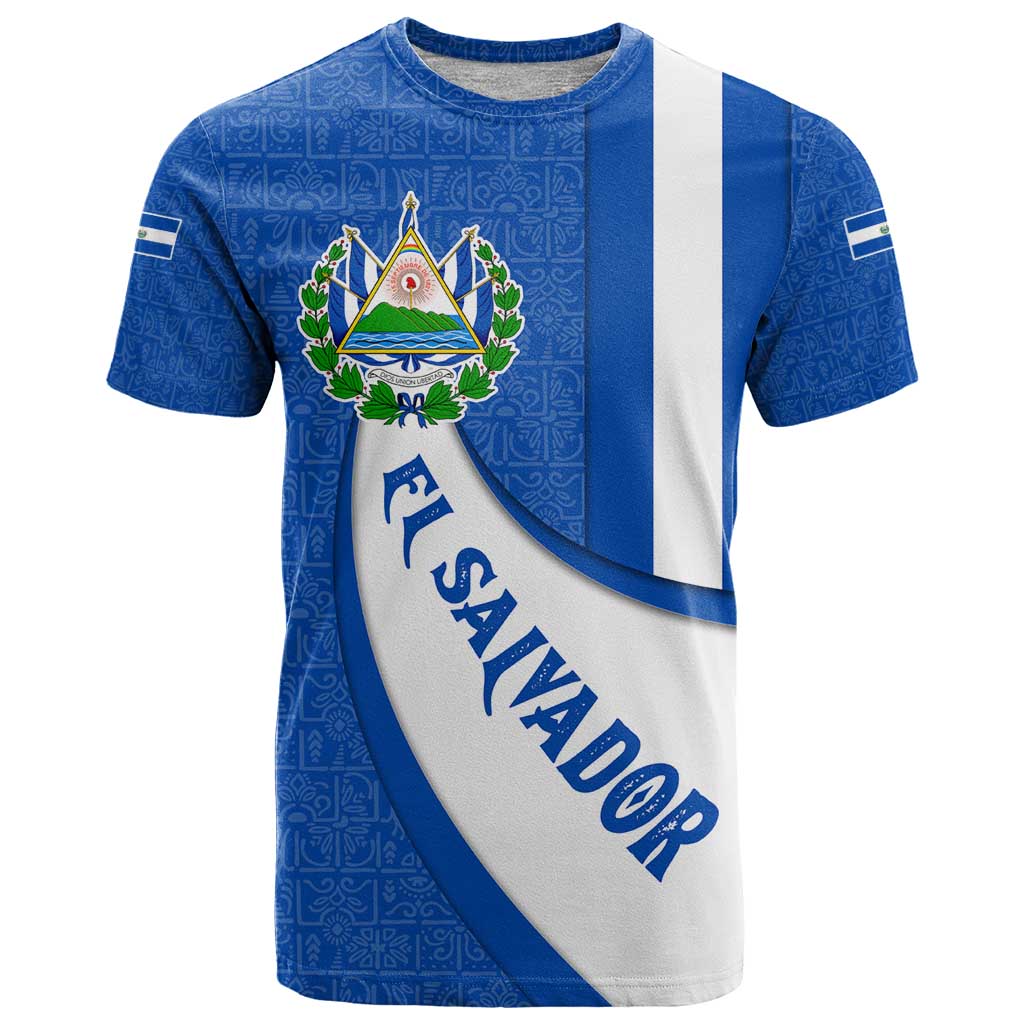 El Salvador Coat of Arms T-Shirt with Curved Text and Blue Patterned Background Graphic Tee