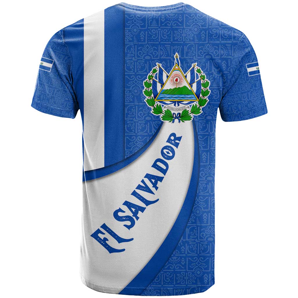 El Salvador Coat of Arms T-Shirt with Curved Text and Blue Patterned Background Graphic Tee
