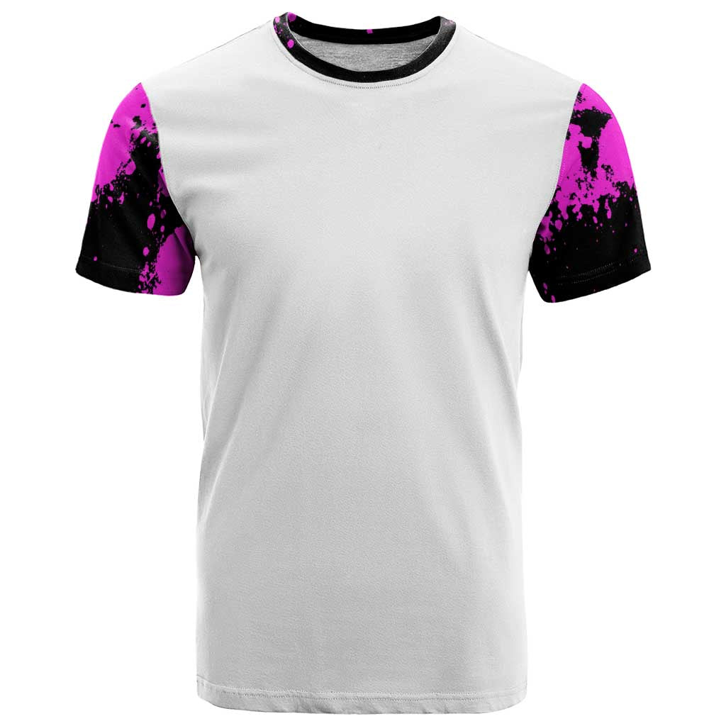 Pink Paint Splatter Design T-Shirt with Bowling Graphic and Custom Team Name Text Graphic Tee