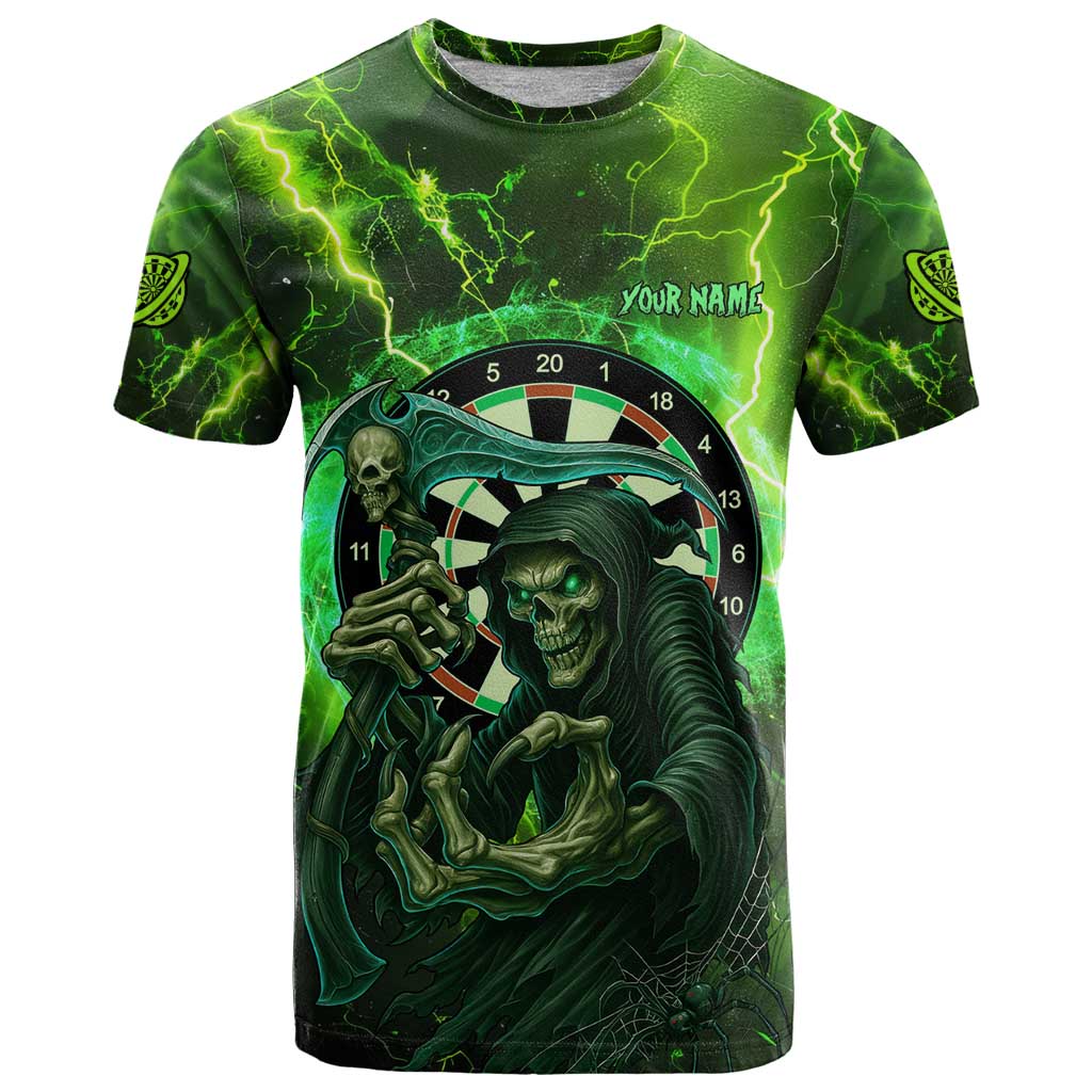 Grim Reaper and Dartboard Darts T-Shirt with Green Lightning Background and Custom Team Name Graphic Tee