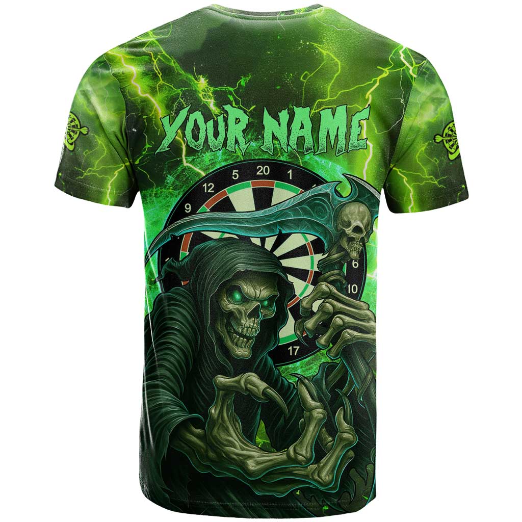 Grim Reaper and Dartboard Darts T-Shirt with Green Lightning Background and Custom Team Name Graphic Tee