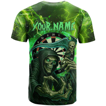 Grim Reaper and Dartboard Darts T-Shirt with Green Lightning Background and Custom Team Name Graphic Tee
