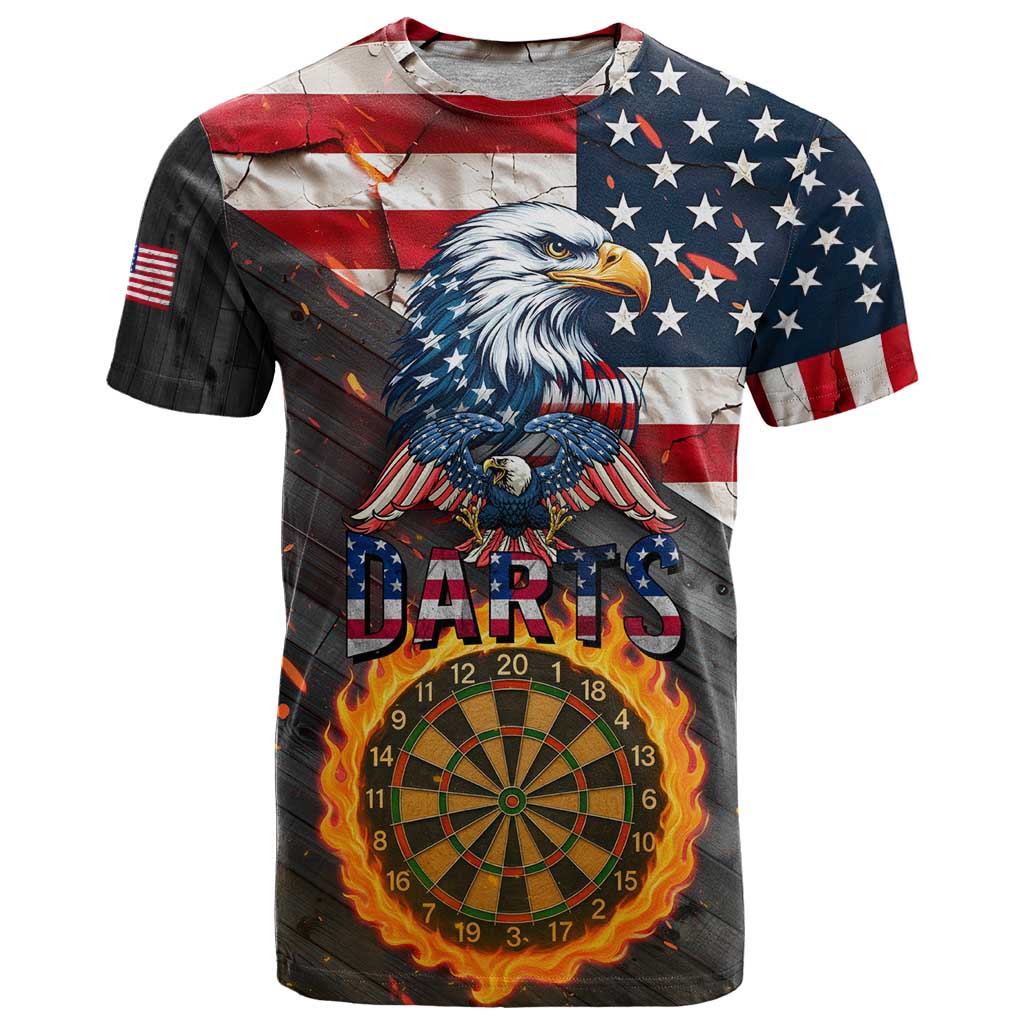 Custom American Flag and Bald Eagle Darts T-Shirt with Flaming Dartboard Graphic Tee