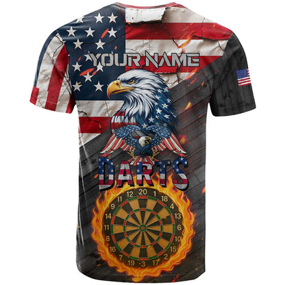 Custom American Flag and Bald Eagle Darts T-Shirt with Flaming Dartboard Graphic Tee