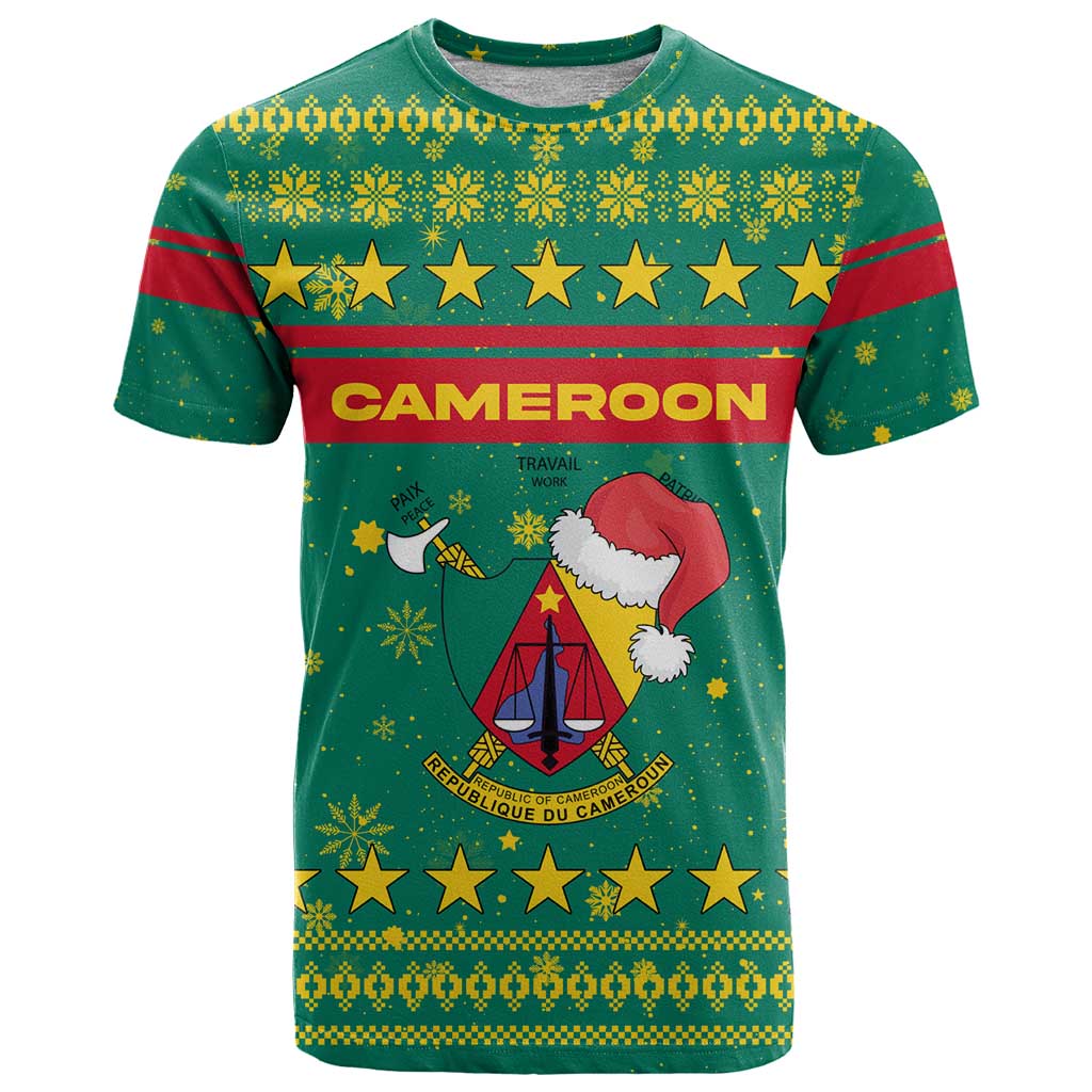 Cameroon Christmas T-Shirt with Green Red Pattern Coat of Arms Santa Hat and Stars Motif Graphic Tee