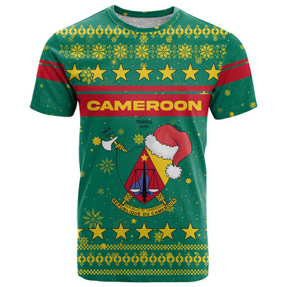 Cameroon Christmas T-Shirt with Green Red Pattern Coat of Arms Santa Hat and Stars Motif Graphic Tee