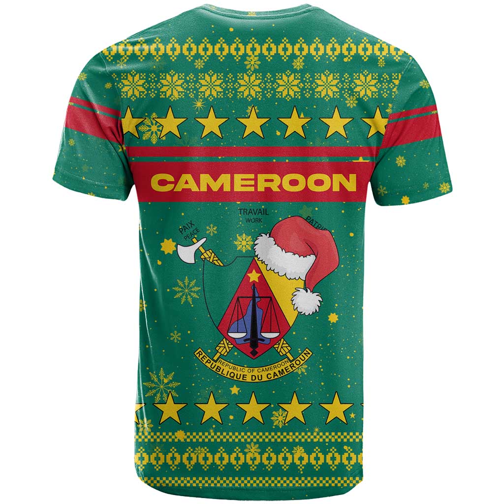 Cameroon Christmas T-Shirt with Green Red Pattern Coat of Arms Santa Hat and Stars Motif Graphic Tee