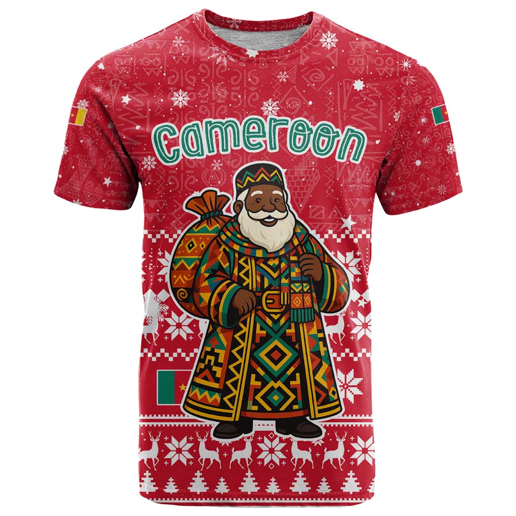 Cameroon Christmas T-Shirt with Red Snowflake Pattern Traditional Santa and Map Motif Graphic Tee