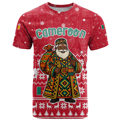 Cameroon Christmas T-Shirt with Red Snowflake Pattern Traditional Santa and Map Motif Graphic Tee