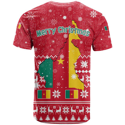 Cameroon Christmas T-Shirt with Red Snowflake Pattern Traditional Santa and Map Motif Graphic Tee