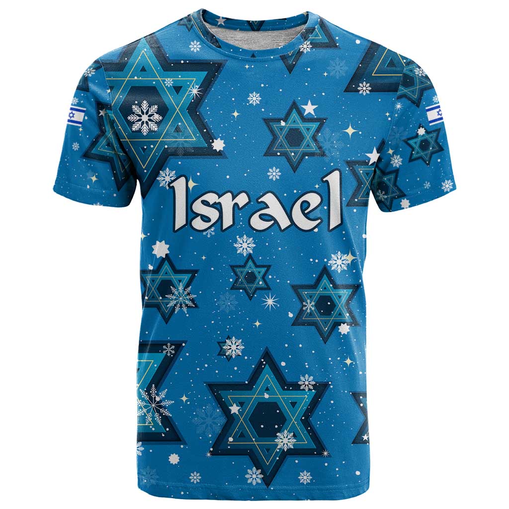 Israel Christmas T-Shirt with Blue Star of David Pattern and Menorah Motif Graphic Tee