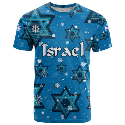 Israel Christmas T-Shirt with Blue Star of David Pattern and Menorah Motif Graphic Tee