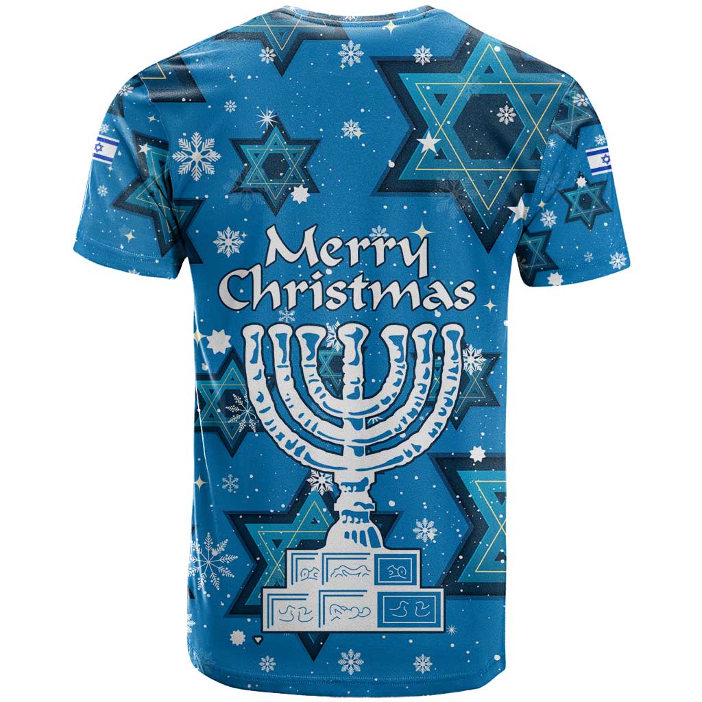 Israel Christmas T-Shirt with Blue Star of David Pattern and Menorah Motif Graphic Tee