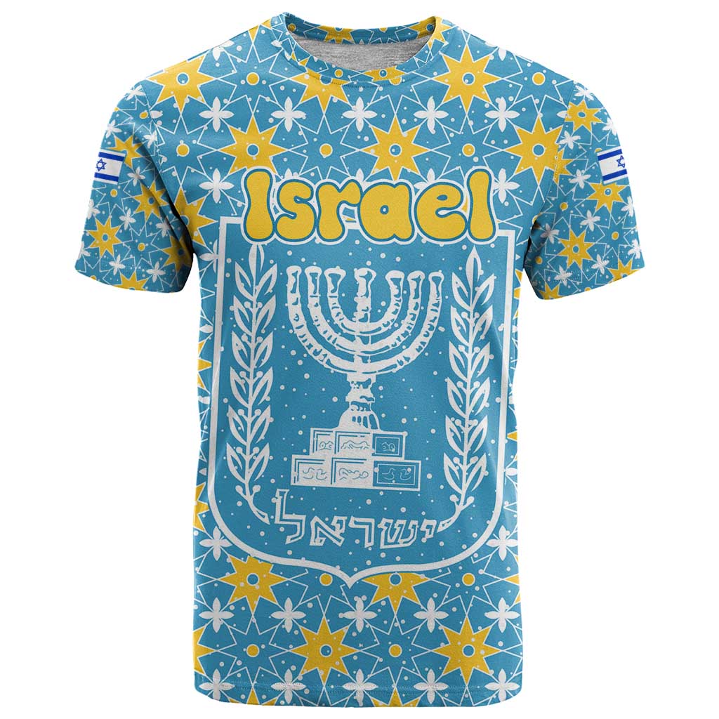 Israel Christmas T-Shirt with Blue-Yellow Star Pattern, Menorah, and Santa Motif Graphic Tee