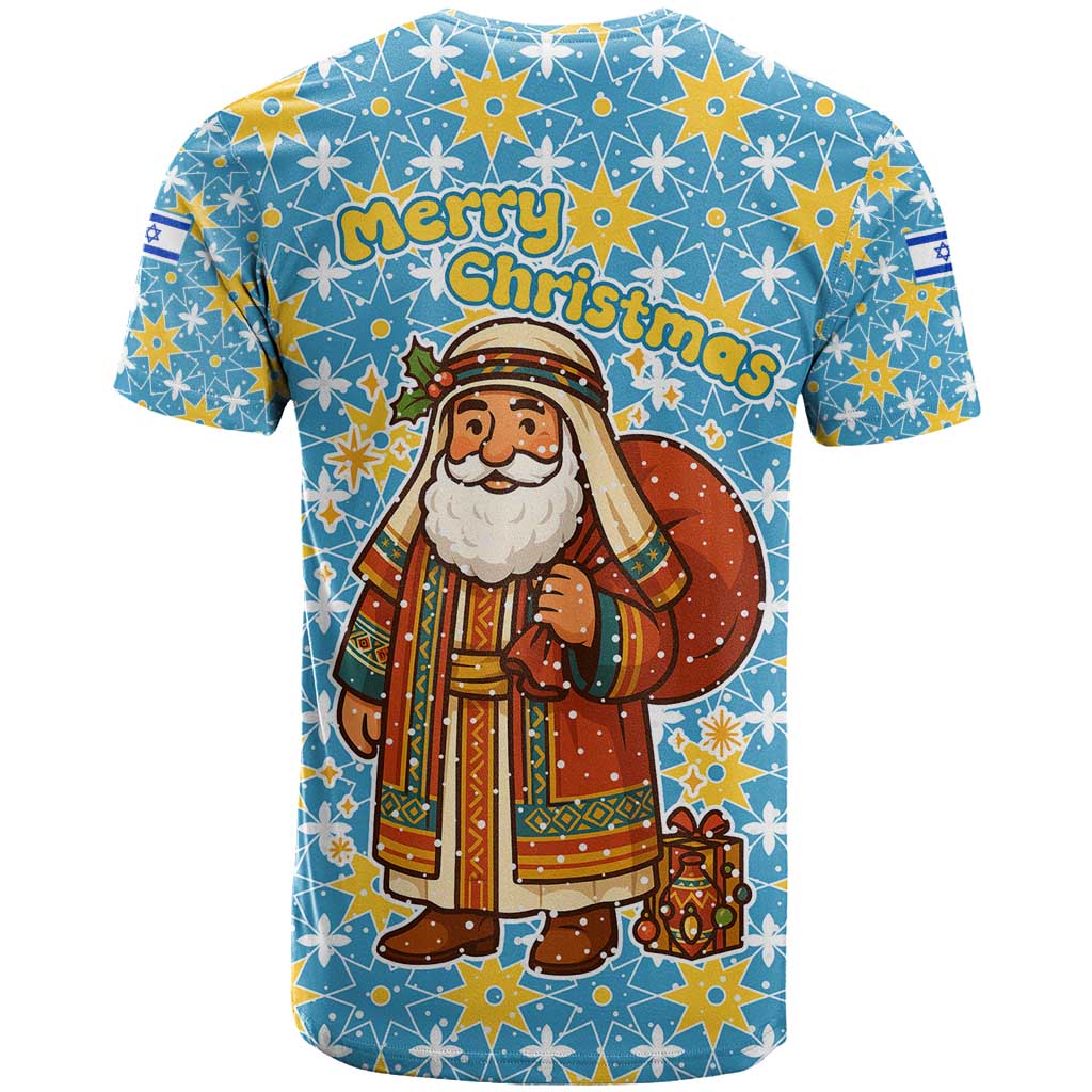 Israel Christmas T-Shirt with Blue-Yellow Star Pattern, Menorah, and Santa Motif Graphic Tee