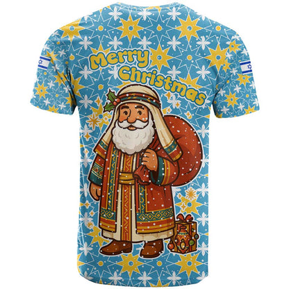 Israel Christmas T-Shirt with Blue-Yellow Star Pattern, Menorah, and Santa Motif Graphic Tee