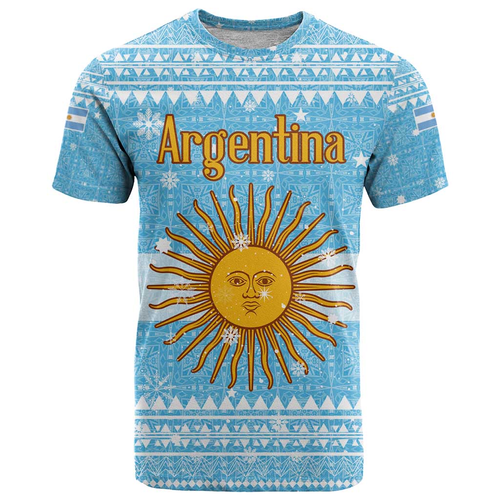Argentina Christmas T-Shirt with Blue-White Snowflake Pattern, Sun Emblem, and Map Motif Graphic Tee