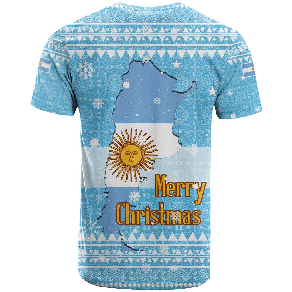 Argentina Christmas T-Shirt with Blue-White Snowflake Pattern, Sun Emblem, and Map Motif Graphic Tee