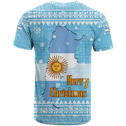 Argentina Christmas T-Shirt with Blue-White Snowflake Pattern, Sun Emblem, and Map Motif Graphic Tee