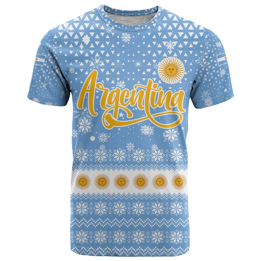 Argentina Christmas T-Shirt with Blue-White Snowflake Pattern, Sun Emblem, and Gaucho Santa Riding Horse Motif Graphic Tee