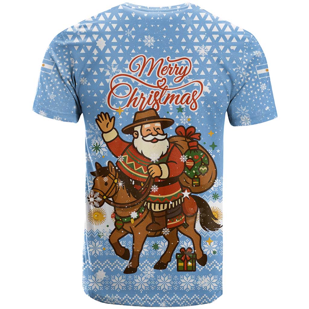 Argentina Christmas T-Shirt with Blue-White Snowflake Pattern, Sun Emblem, and Gaucho Santa Riding Horse Motif Graphic Tee