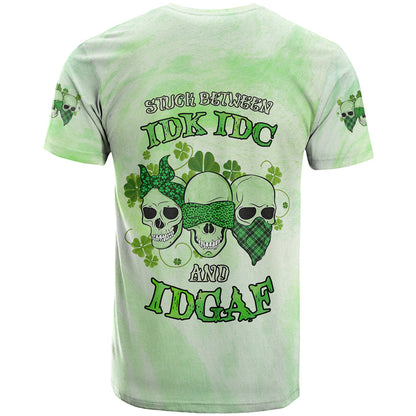 Stuck Between Idk Idc And Idgaf Rose Skull Patrick's Day T-Shirt Graphic Tee