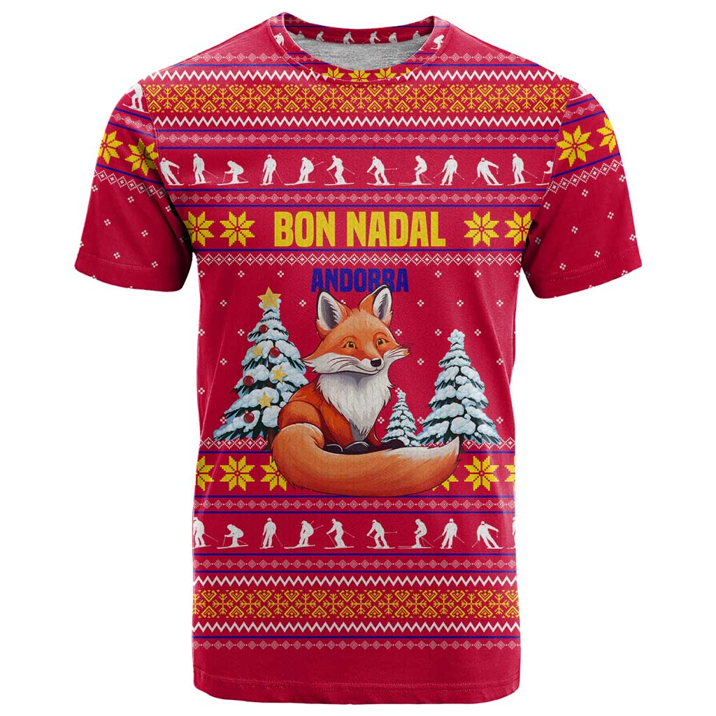 Bon Nadal Andorra Christmas T-Shirt with Fox Snowy Trees and Andorran Flag Graphic Tee