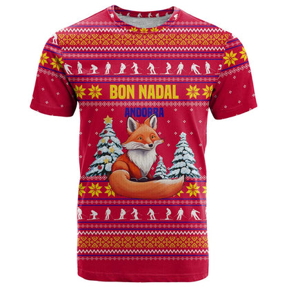 Bon Nadal Andorra Christmas T-Shirt with Fox Snowy Trees and Andorran Flag Graphic Tee