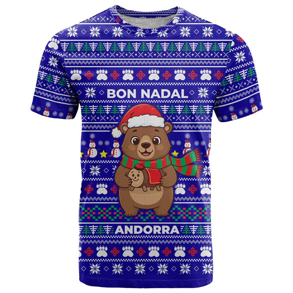 Bon Nadal Andorra Christmas T-Shirt Holiday Bear, Snowflakes, Paw Prints & Winter Graphic Tee